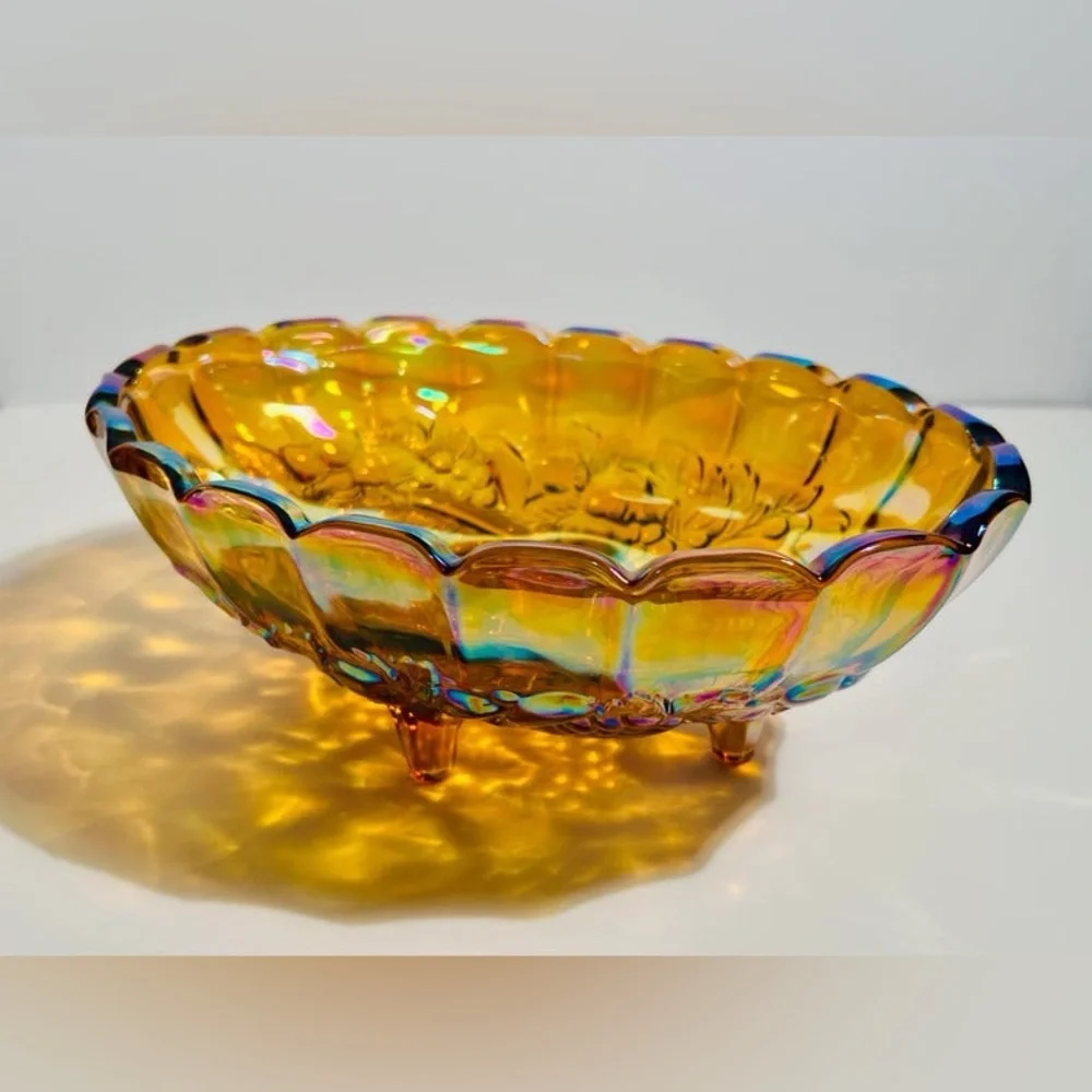Vintage Indiana Glass Footed Amber Oval Carnival Glass Bowl